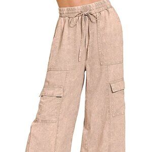 Zenana Washed Linen Elastic Band Waist‎ Cargo Pants